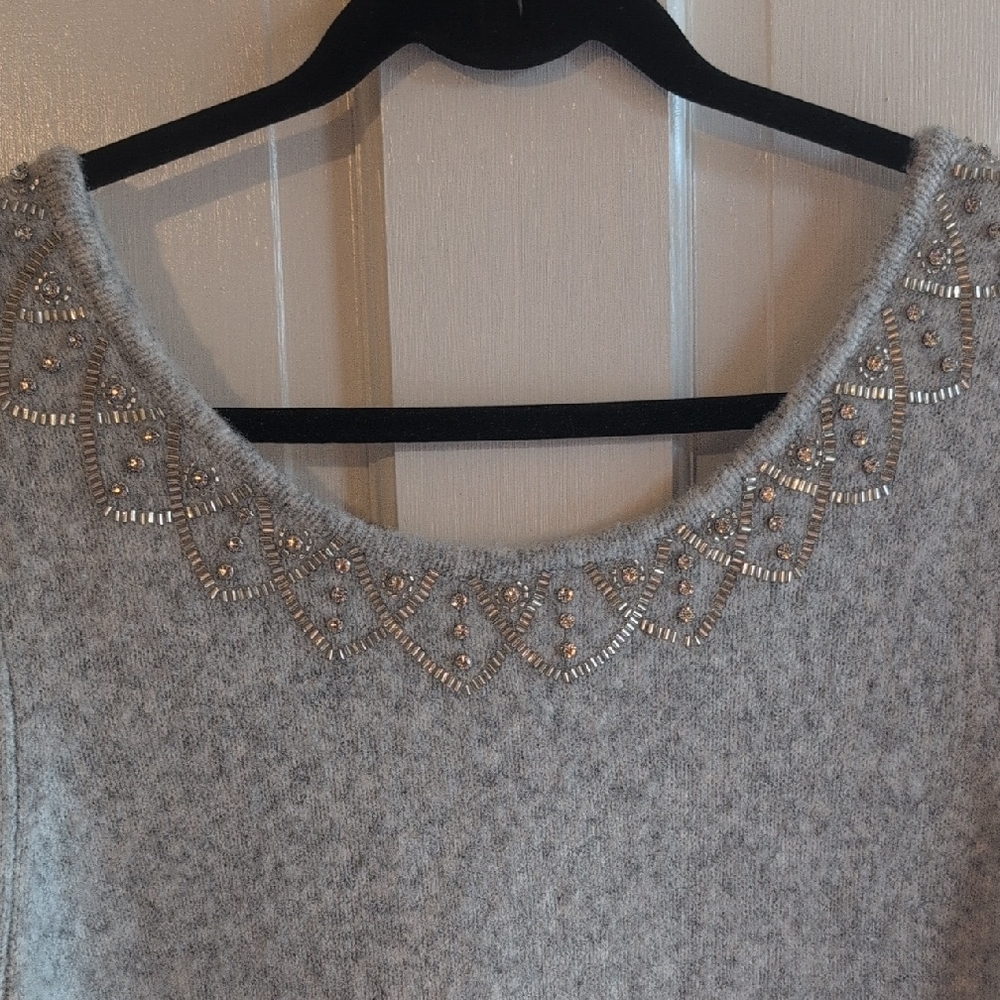 Soft Surroundings :Gray Crew Neck Sweater with Embellished Neckline